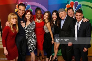NBCUNIVERSAL EVENTS -- NBCUniversal Press Tour, January 2016 -- NBC's "Crowded" -- Pictured: (l-r) Suzanne Martin, Executive Producer; Patrick Warburton, Carrie Preston, Carlease Burke, Mia Serafino, Miranda Cosgrove, Stacy Keach; Sean Hayes, Executive Producer; Todd Milliner, Executive Producer -- (Photo by: Paul Drinkwater/NBC/NBCU Photo Bank)